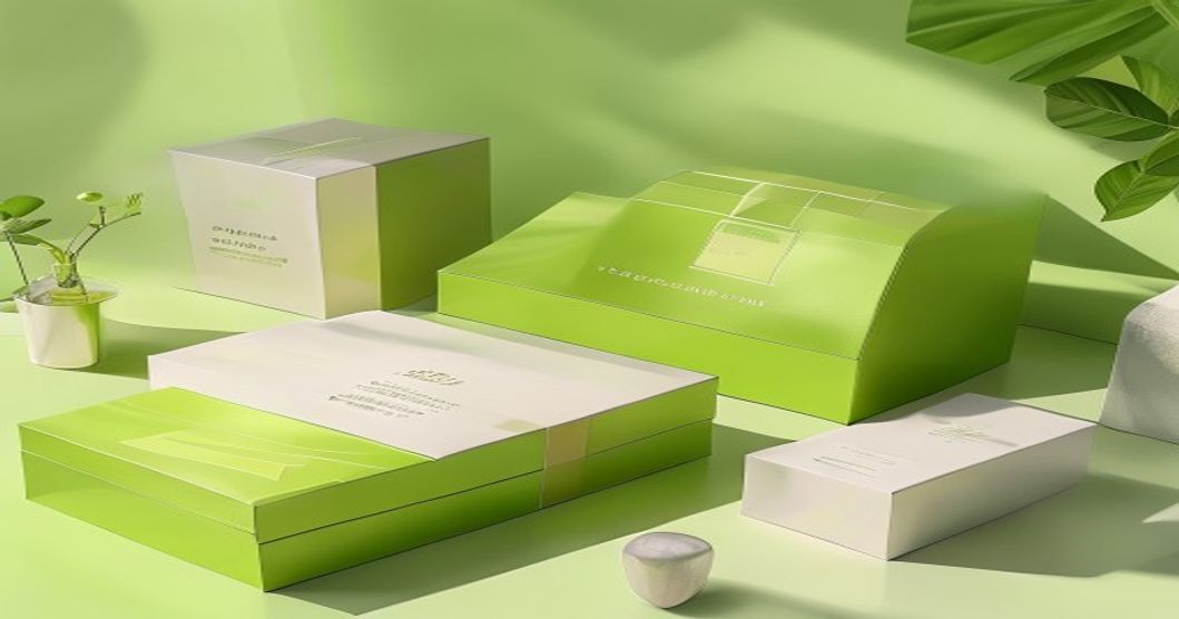 Ilustrasi kemasan box dengan berbagai jenis finishing: laminasi doff, glossy, spot UV, emboss, dan hot stamping