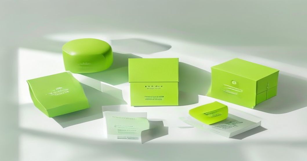 Berbagai kemasan custom box untuk UMKM dengan aksen warna hijau lime