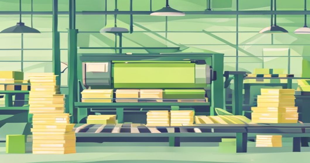 Ilustrasi mesin cetak besar memproduksi kemasan box dalam jumlah banyak