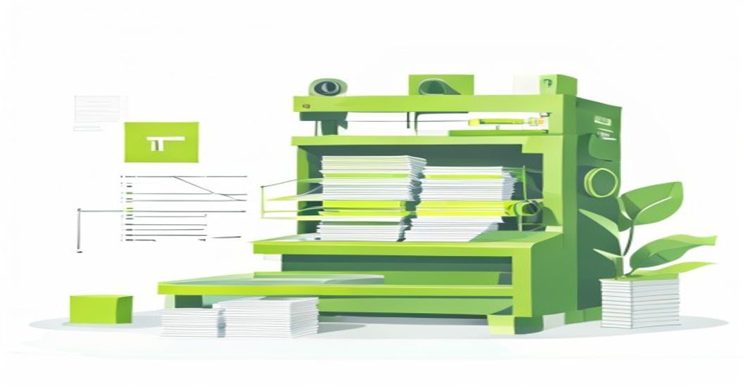 Ilustrasi mesin cetak dengan pola nesting dieline kemasan di atas lembaran plano besar