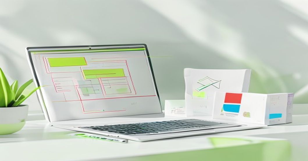 Ilustrasi alur desain artwork kemasan siap cetak dengan dieline dan palet warna CMYK