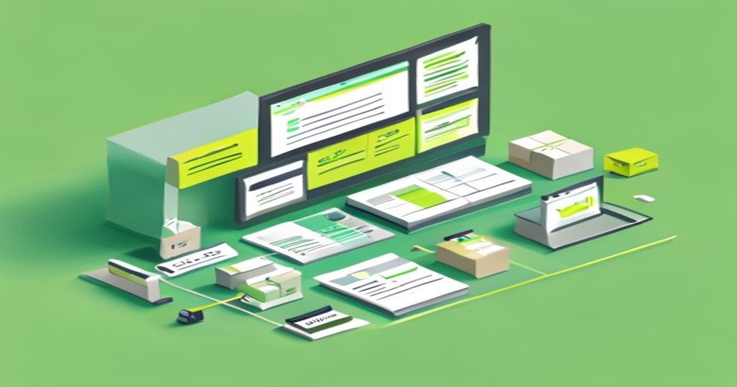 Ilustrasi alur manajemen produksi percetakan yang rapi dengan dashboard digital dan ikon kemasan