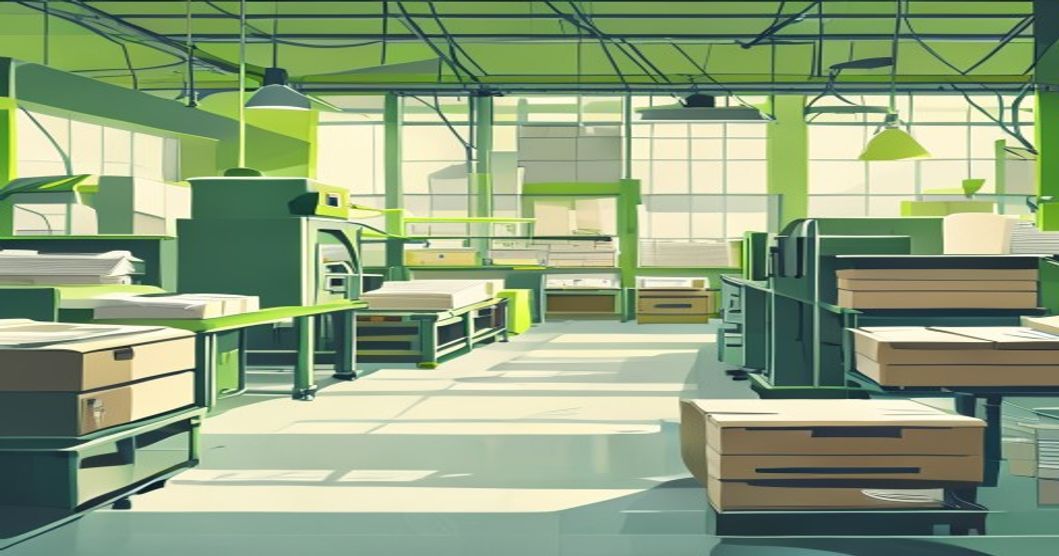 Ilustrasi pabrik percetakan dengan mesin offset dan tumpukan kemasan karton