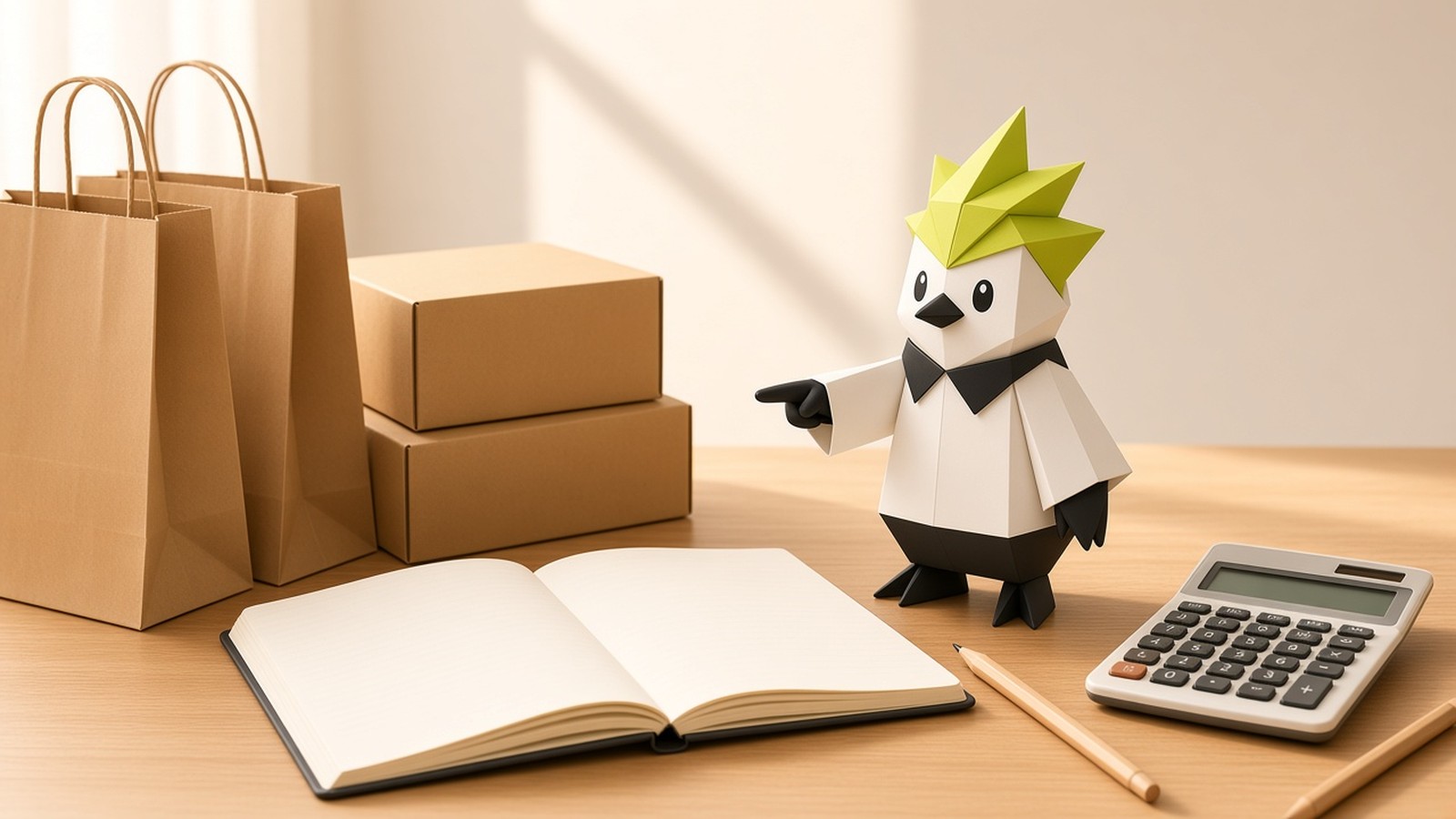 Maskot Pako menunjuk buku catatan di meja kerja UMKM berisi paperbag kraft, box polos, dan kalkulator untuk menghitung kebutuhan kemasan