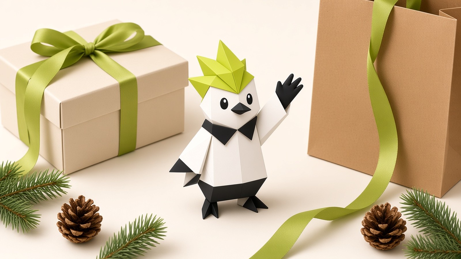 Maskot Pako melambai di antara box hampers krem berpita hijau lime, paperbag kraft, dan ranting pinus untuk tren kemasan akhir tahun