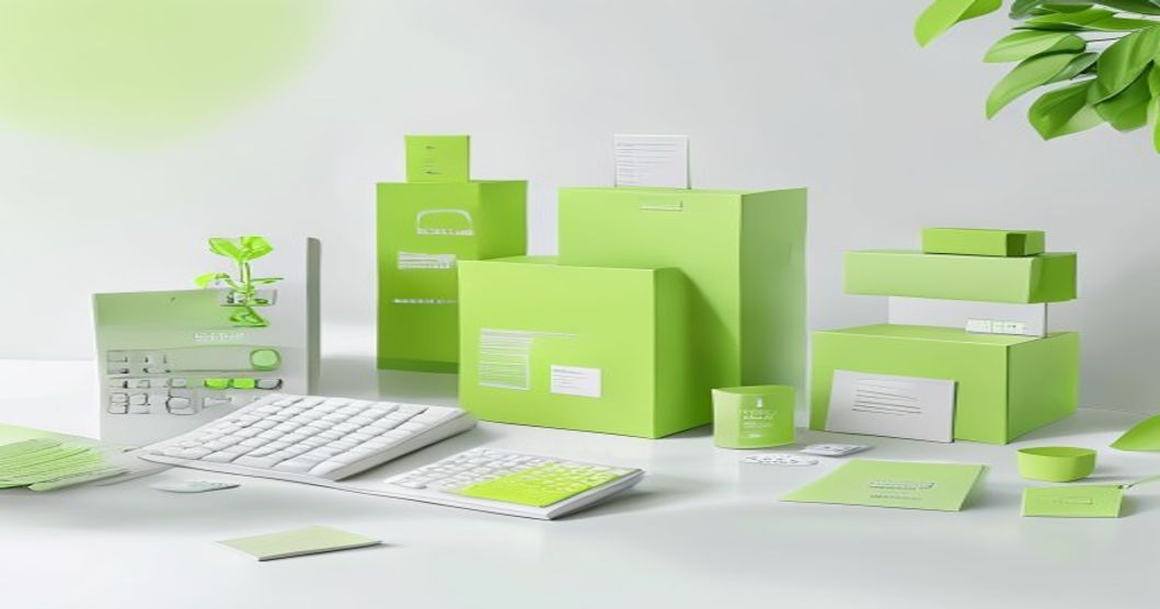 Ilustrasi box kemasan custom dengan ikon kalkulator biaya dan material kemasan