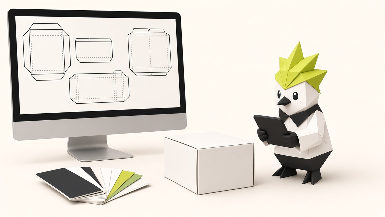 Maskot Pako memeriksa proof di samping monitor berisi dieline box, sampel box putih, dan kartu swatch warna