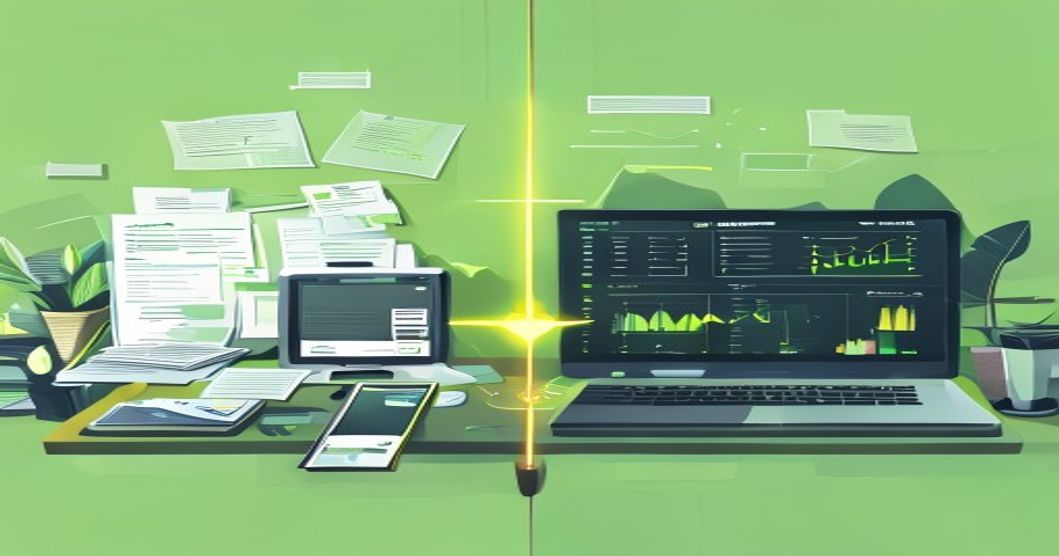 Ilustrasi transformasi digital bisnis percetakan dari manual ke sistem terintegrasi