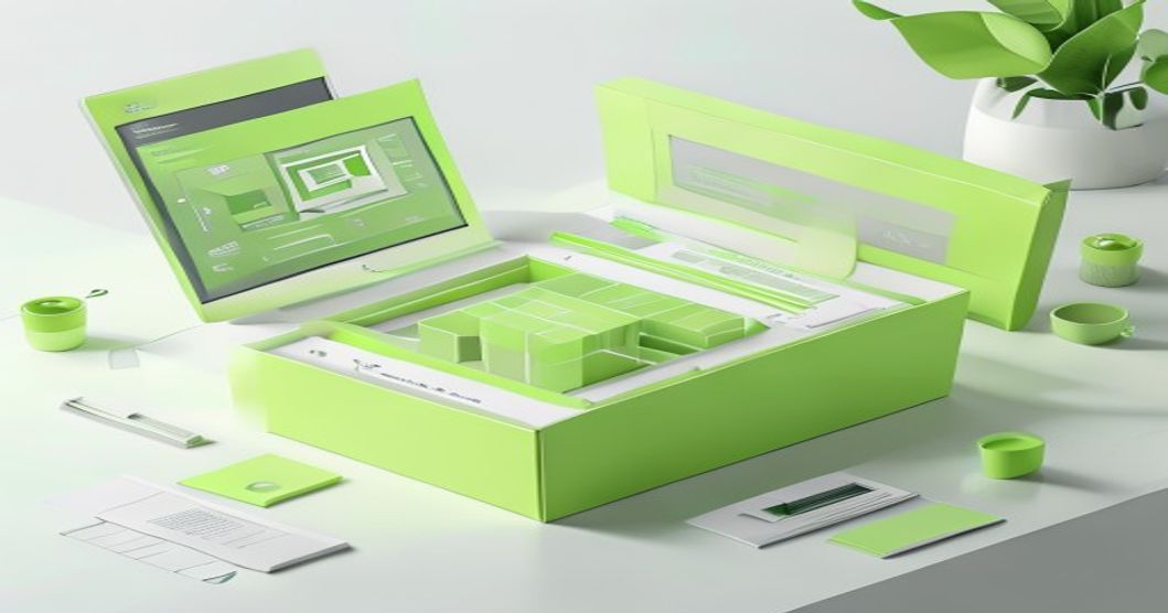 Ilustrasi dieline kemasan otomatis dengan tampilan 3D preview box di layar laptop