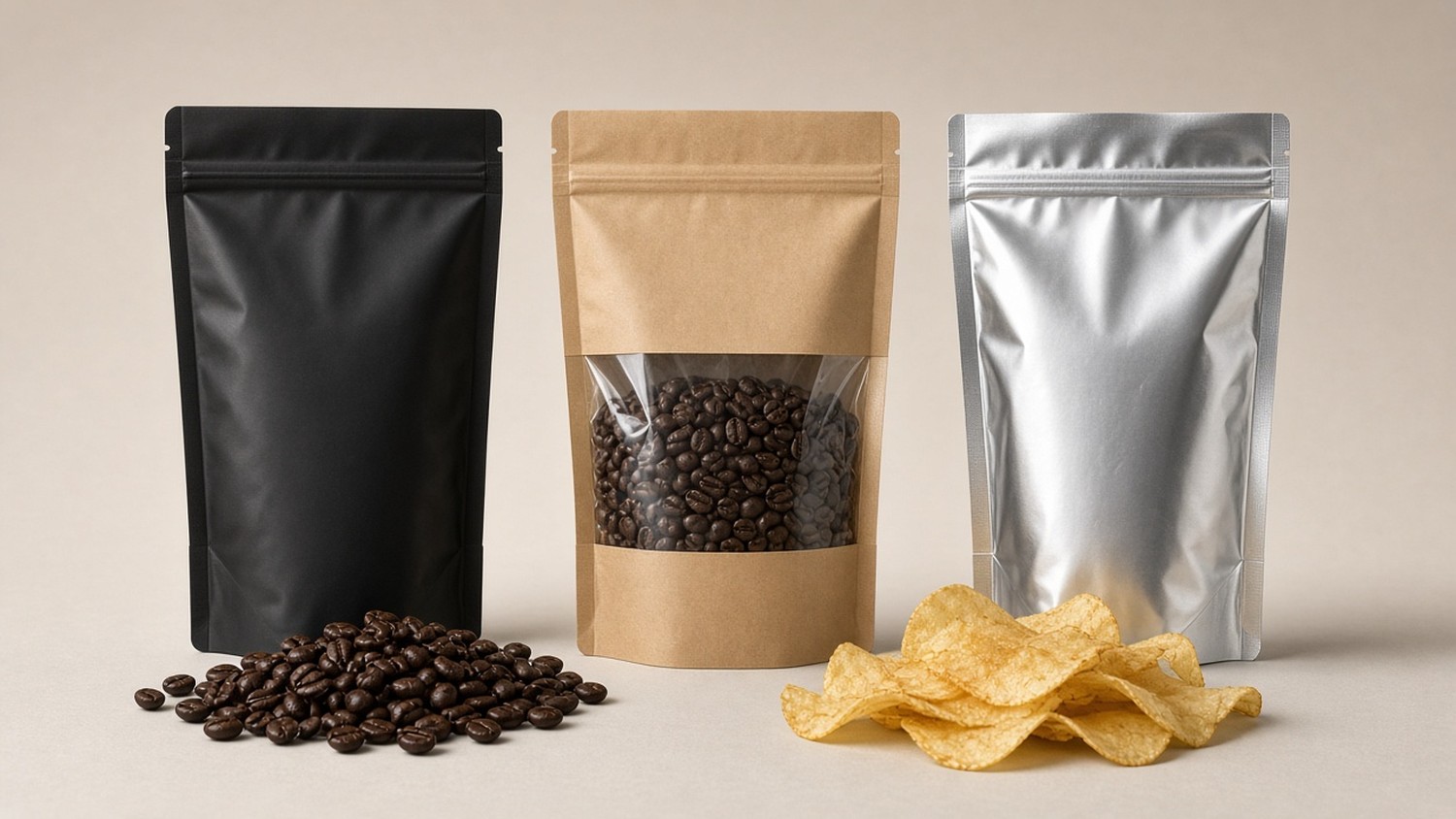 Deretan standing pouch custom foil, kraft, dan metalized untuk kopi dan snack