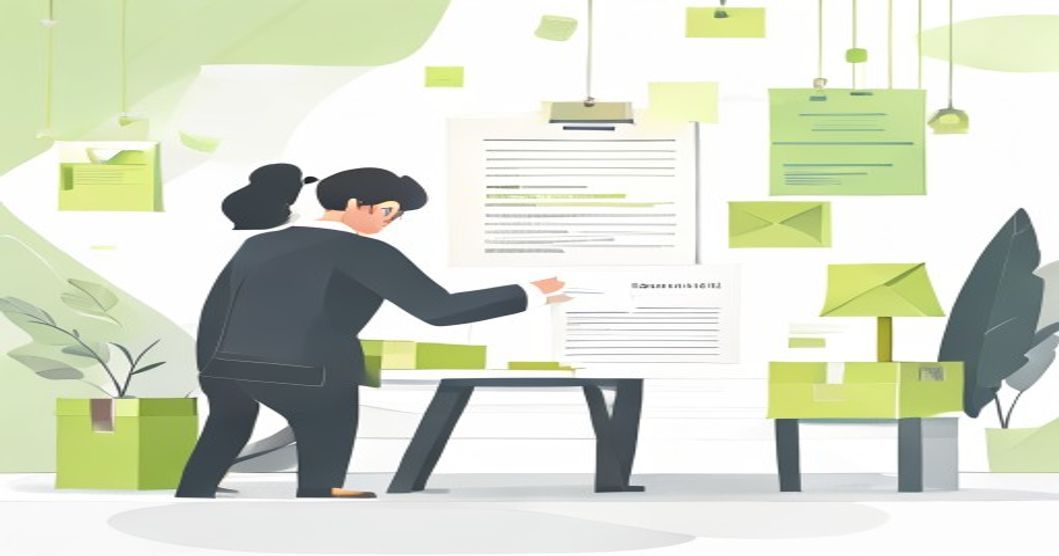 Ilustrasi seseorang membaca dokumen penawaran percetakan dengan detail biaya kemasan di sekitarnya